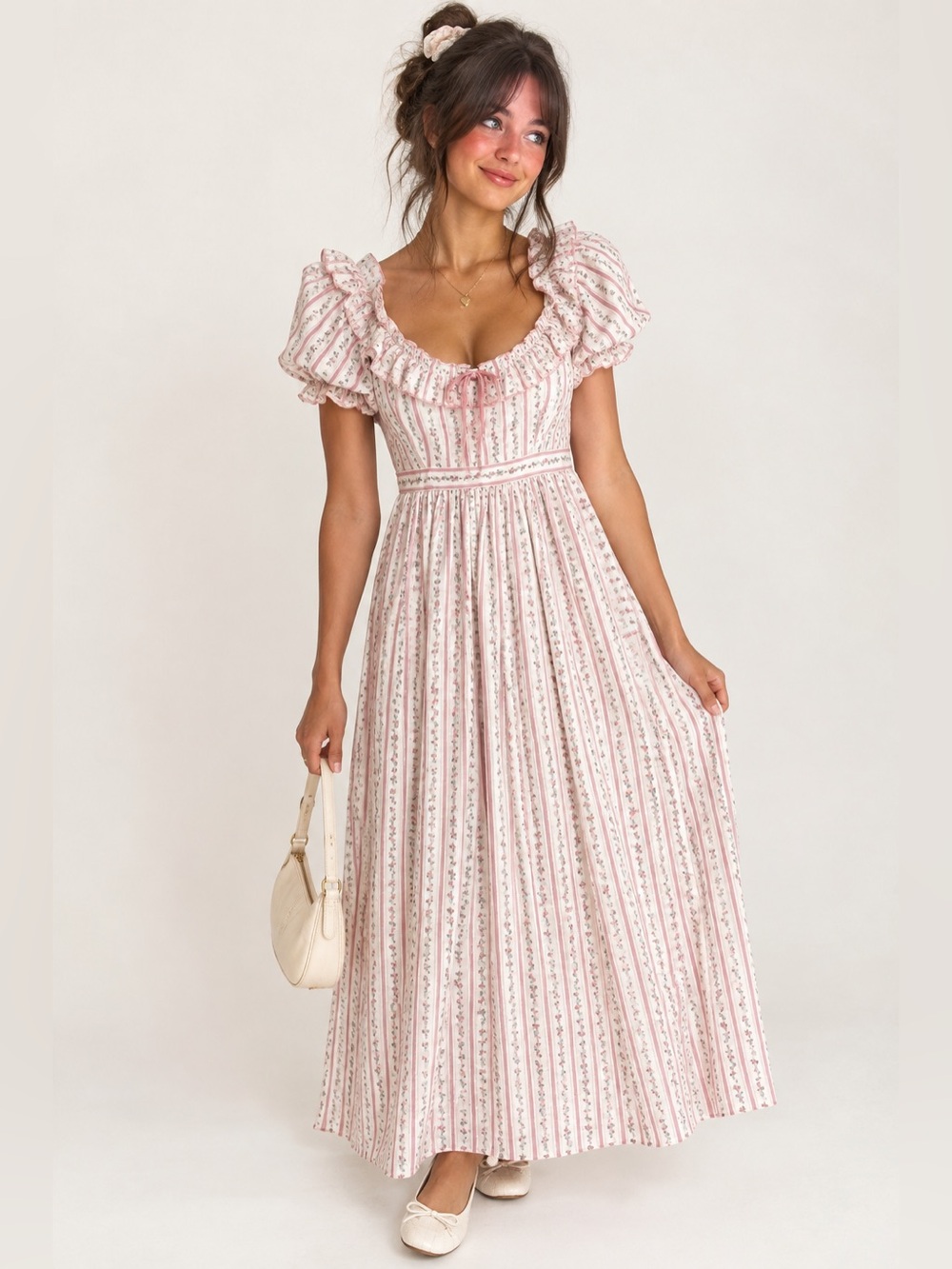 Simple Retro Romantic Floral Puff Sleeve Maxi Dress | Multicolor | Size Small